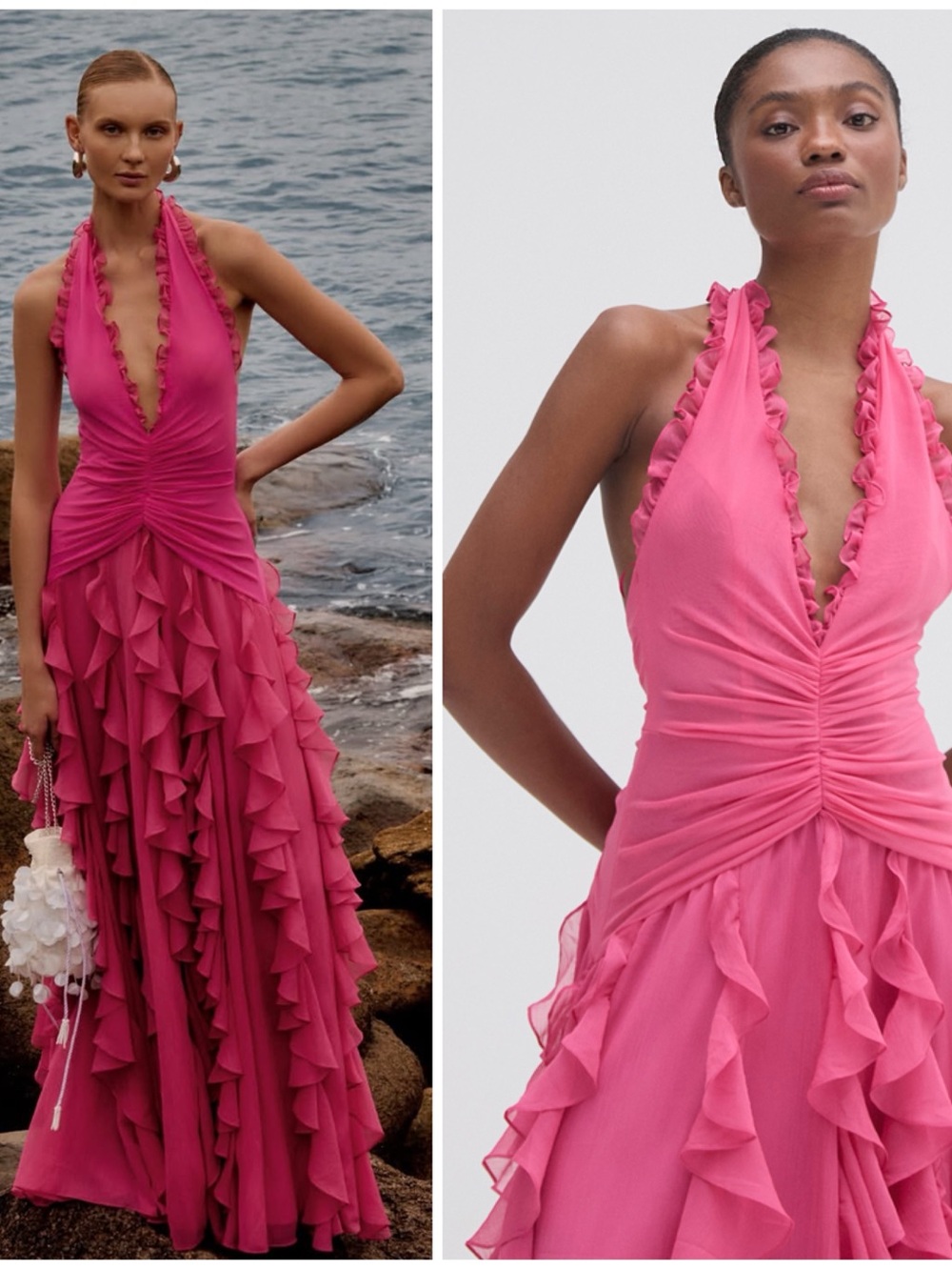 NWT Patbo Silk Plisse Plunge Long Ruffle Gown Fuschia Pink Size Women’s 8
